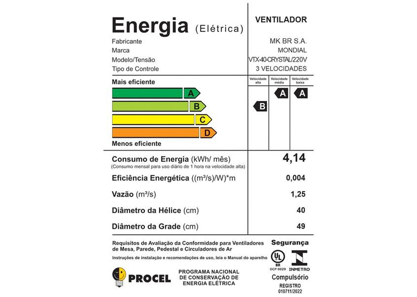 Ventilador de Mesa Mondial Super Turbo VTX-40-Crystal 40cm 8 Pás 3 Velocidades Preto