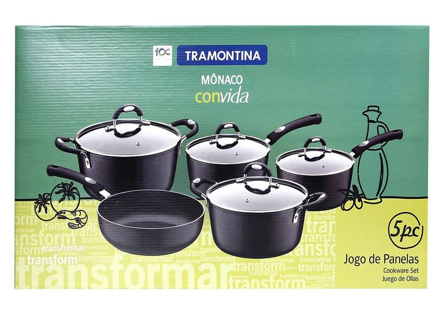 Jogo de Panelas Tramontina Antiaderente de Alumínio Preta 5 Peças Convida Mônaco