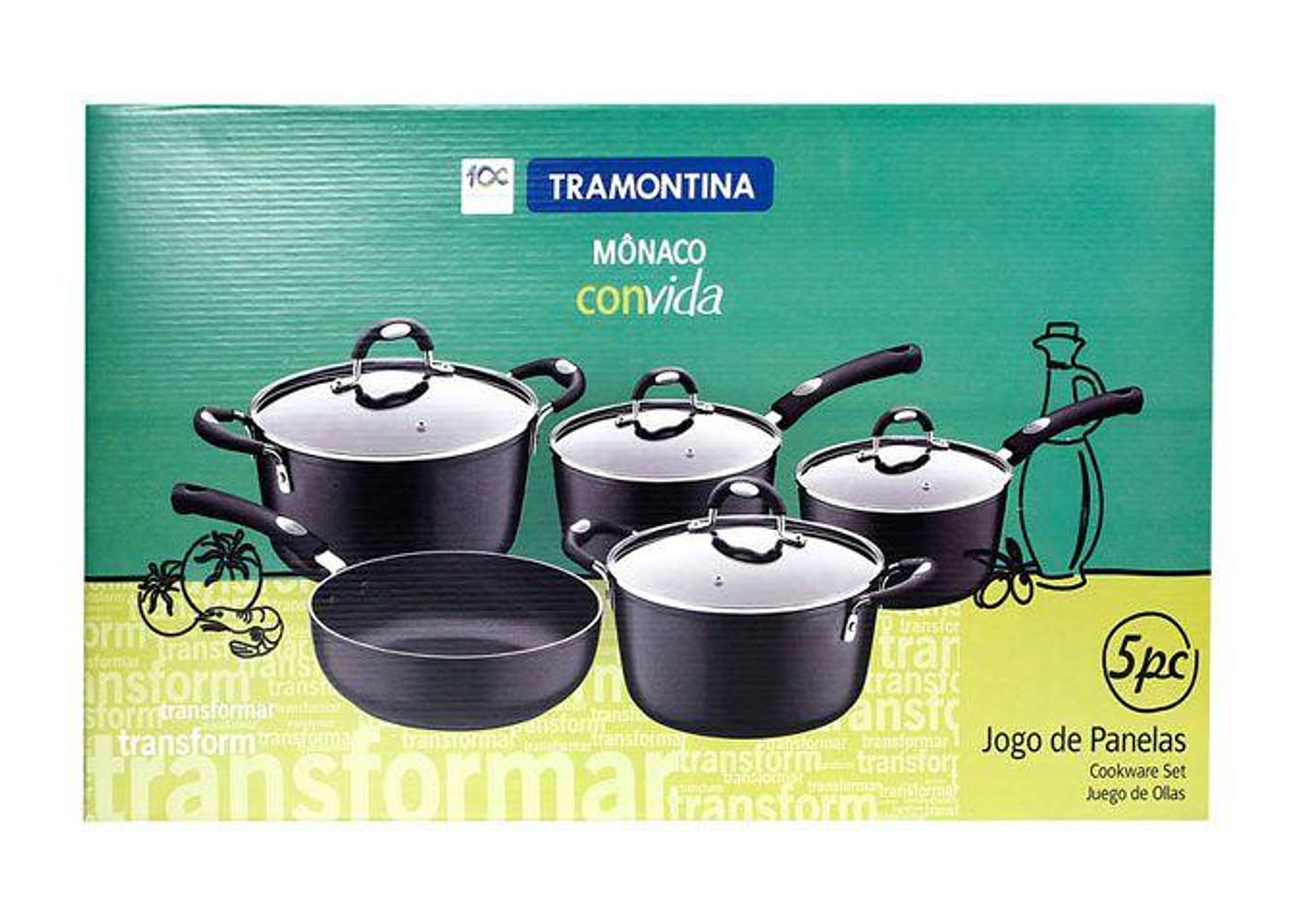 Jogo de Panelas Tramontina Antiaderente de Alumínio Preta 5 Peças Convida Mônaco