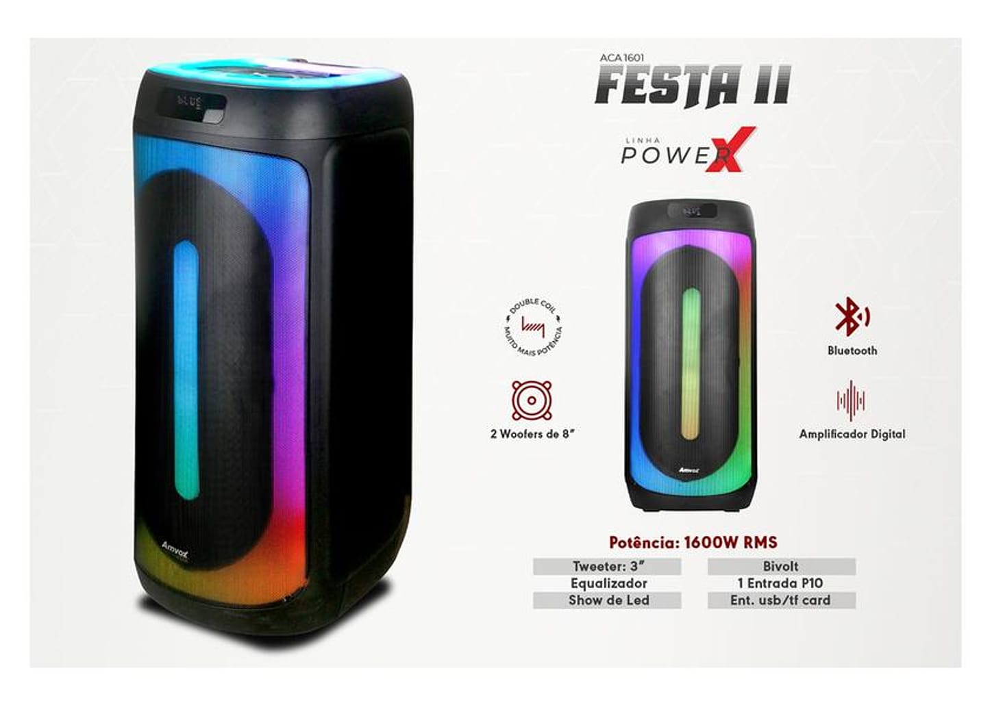 Caixa de Som Amplificada Bluetooth Amvox - ACA 1601 Festa II 1600W 8" USB com Tweeter