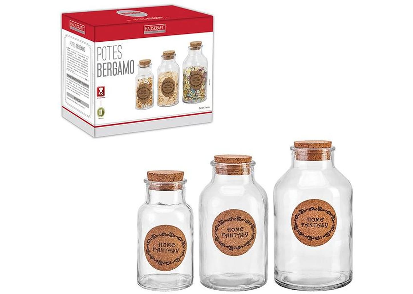 Jogo de Potes Hauskraft com Tampa Redondo Bergamo 3 Peças