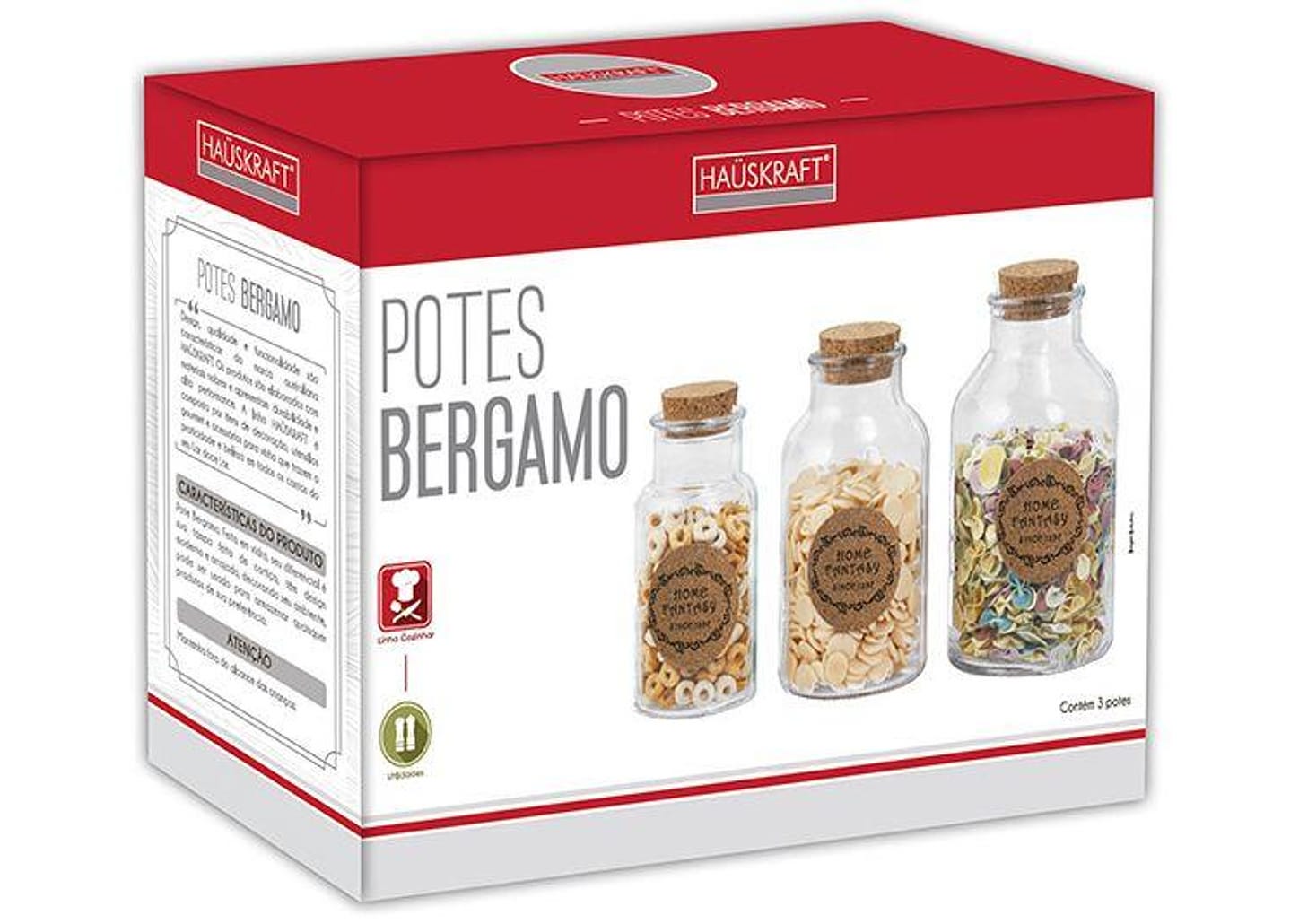 Jogo de Potes Hauskraft com Tampa Redondo Bergamo 3 Peças