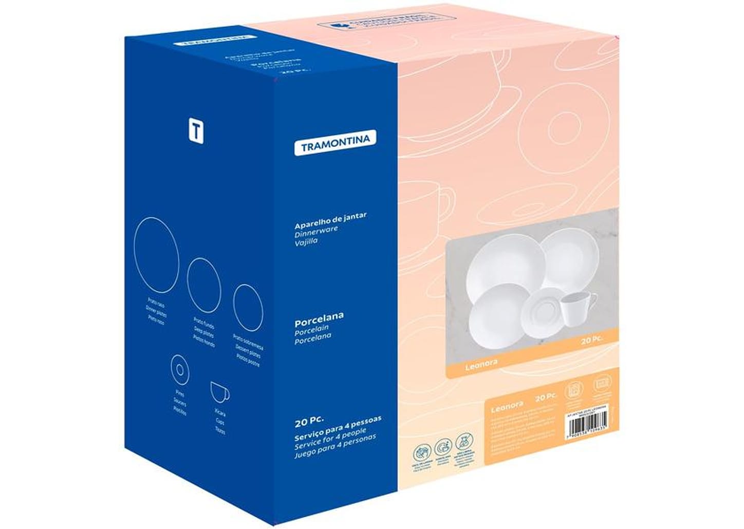 Aparelho de Jantar Chá 20 Peças Tramontina Redondo Porcelana Branco Leonora