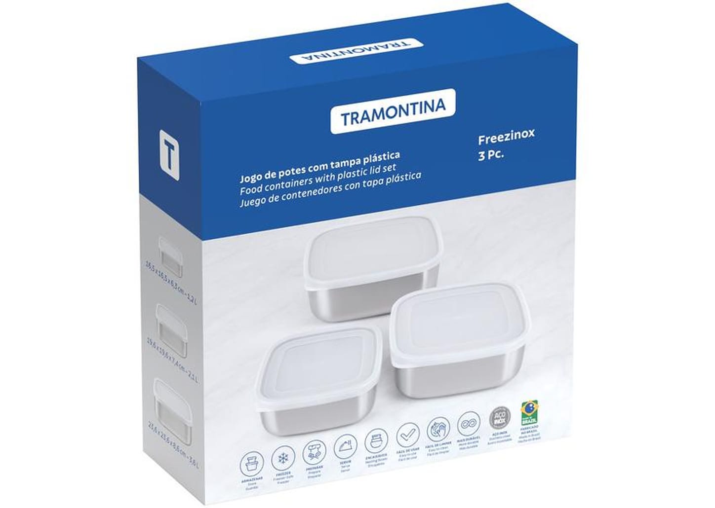 Jogo de Potes de Inox Tramontina com Tampa Quadrado Freezinox 3 Peças