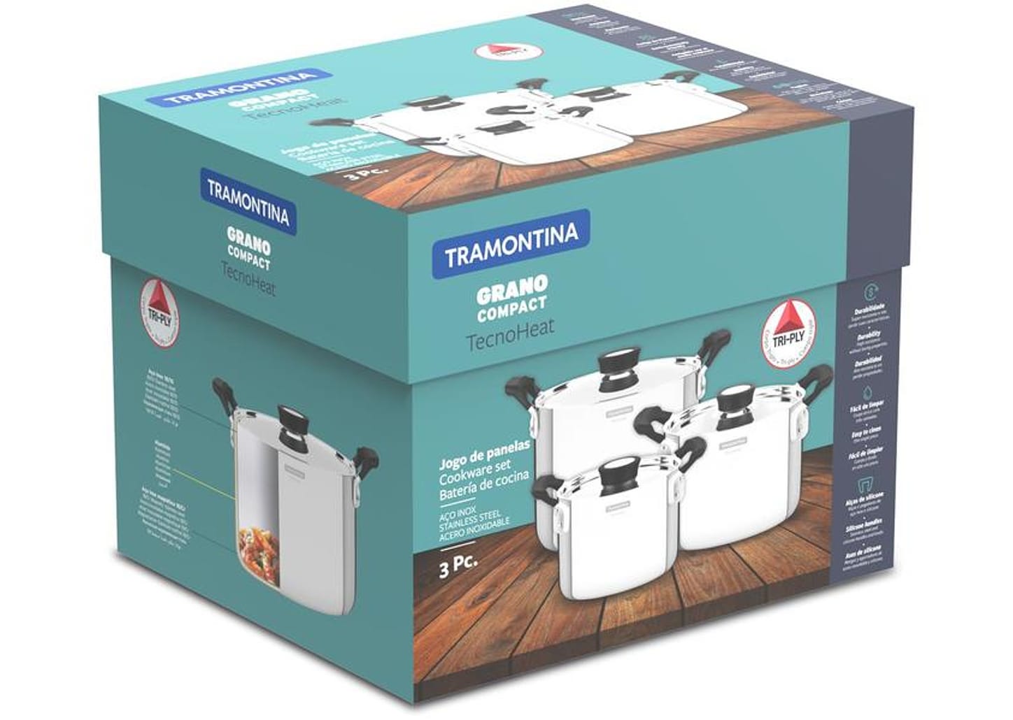 Jogo de Panelas Tramontina Inox Prata 3 Peças Grano Compact