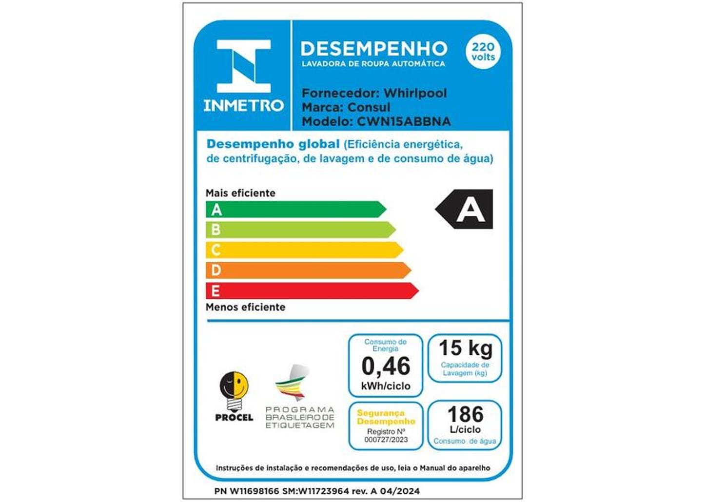 Lavadora de Roupas Consul 15kg Cesto Inox 12 Programas de Lavagem CWN15AB