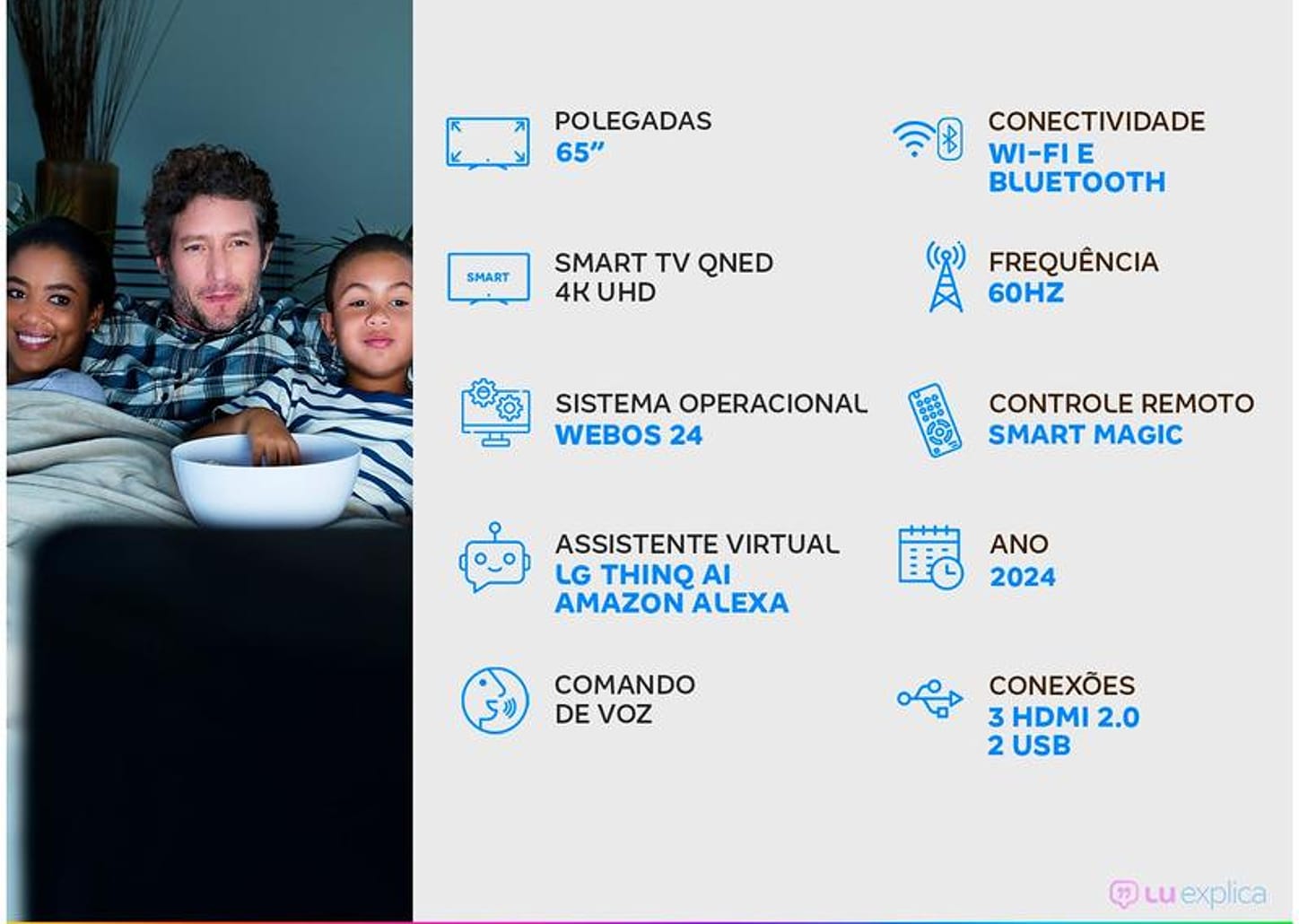 Smart TV 65" 4K UHD QNED LG Quantum Dot NanoCell 65QNED80TSA AI Processor Wi-Fi e Bluetooth 3 HDMI 2 USB