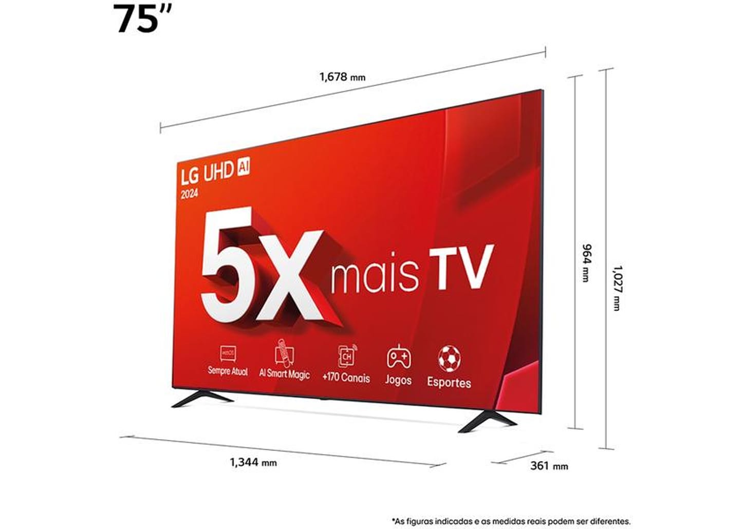 Smart TV 75" 4K UHD LCD LG 75UT8050PSAZ AI Processor Wi-Fi e Bluetooth 3 HDMI 2 USB