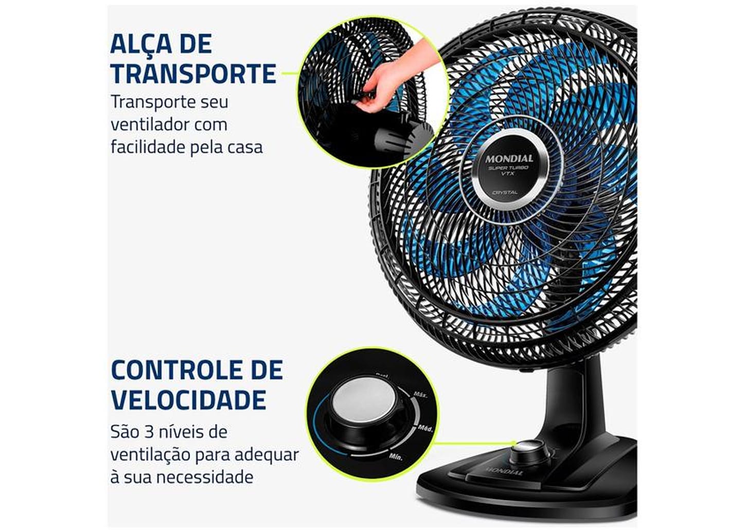 Ventilador de Mesa Mondial Super Turbo VTX-40-Crystal 40cm 8 Pás 3 Velocidades Preto
