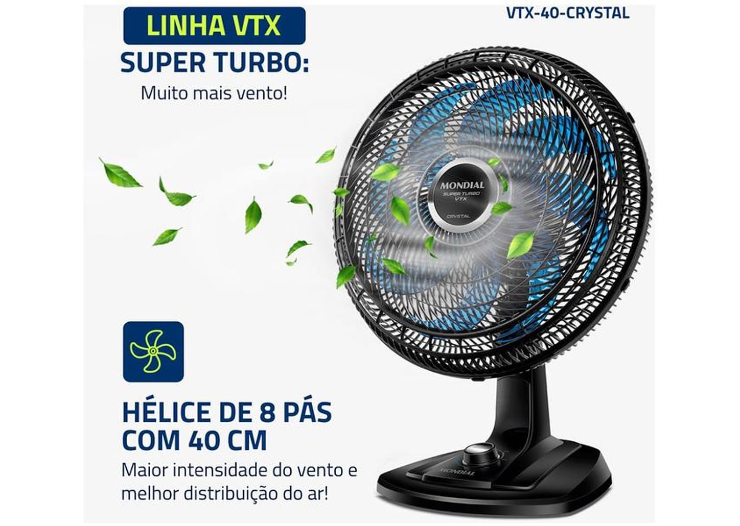 Ventilador de Mesa Mondial Super Turbo VTX-40-Crystal 40cm 8 Pás 3 Velocidades Preto