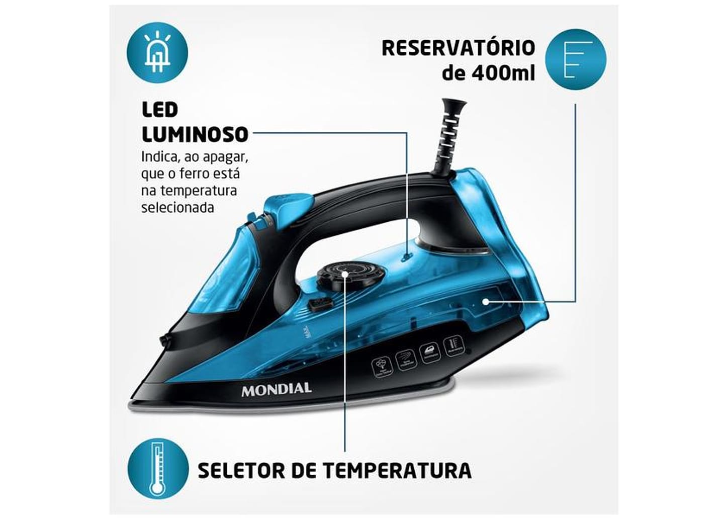 Ferro de Passar Roupa a Vapor Mondial F-53 Preto e Azul