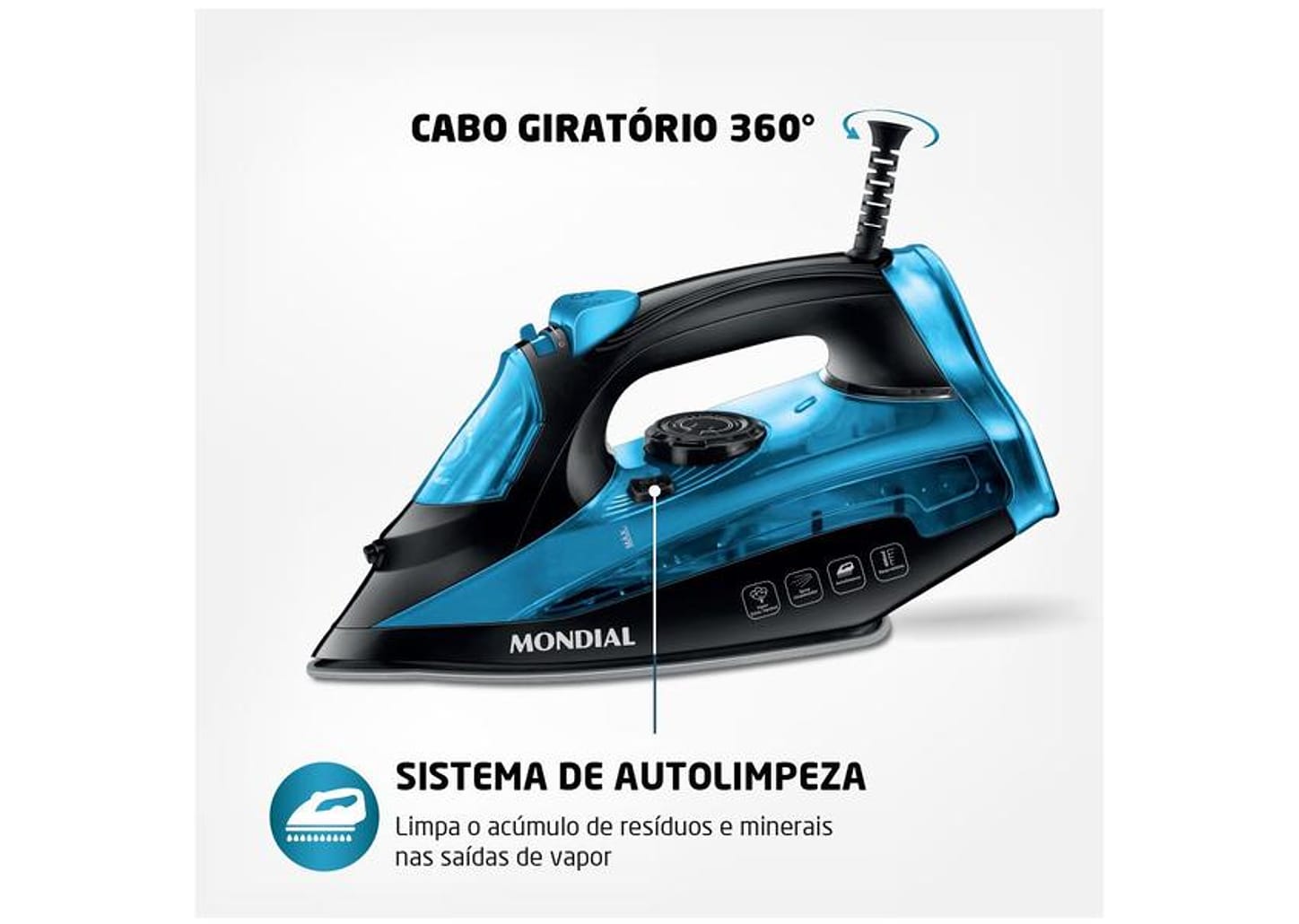 Ferro de Passar Roupa a Vapor Mondial F-53 Preto e Azul