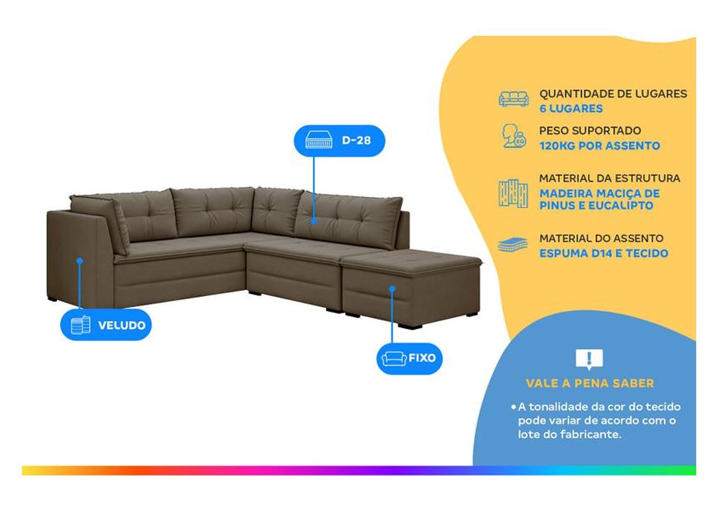 Sofá de Canto 6 Lugares com Puff Veluplus Vegas