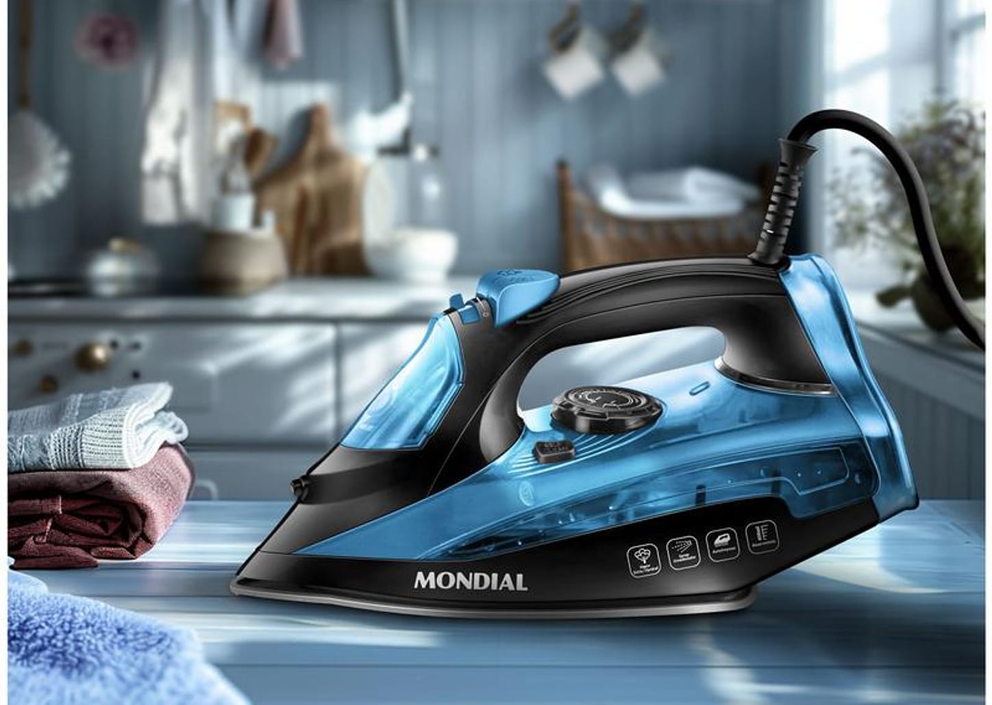 Ferro de Passar Roupa a Vapor Mondial F-53 Preto e Azul