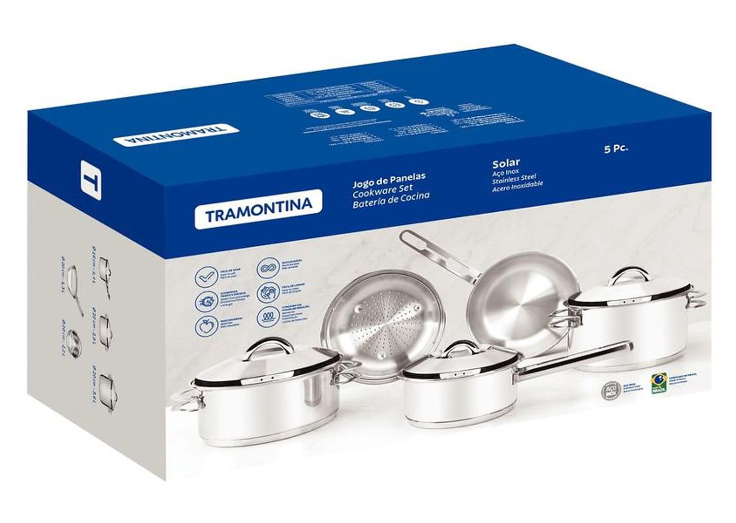 Jogo de Panelas Tramontina de Inox Prata 5 peças Solar