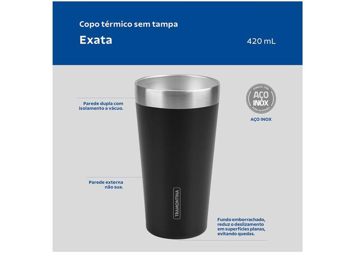 Copo Térmico Parede Dupla Tramontina Exata 61646400 Preto 420ml