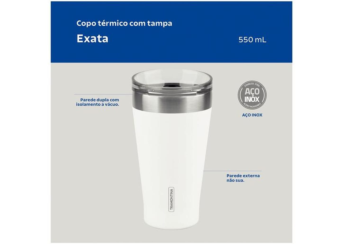 Copo Térmico Parede Dupla com Tampa Tramontina Exata 61646515 Branco 550ml