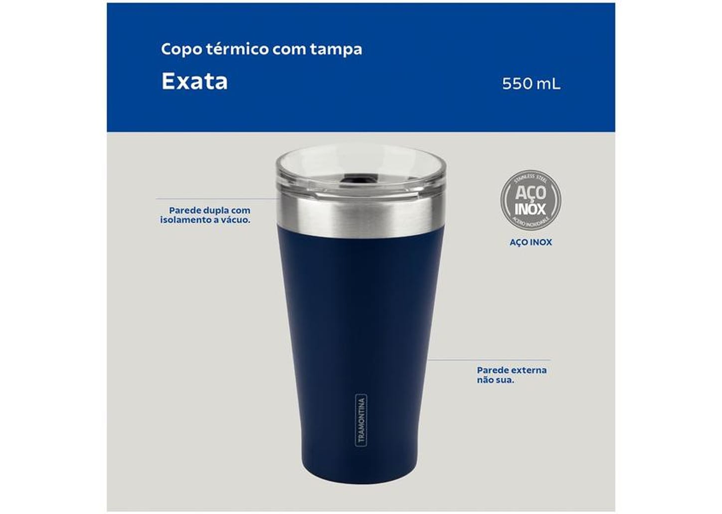 Copo Térmico Parede Dupla com Tampa Tramontina Exata 61646525 Azul 550ml