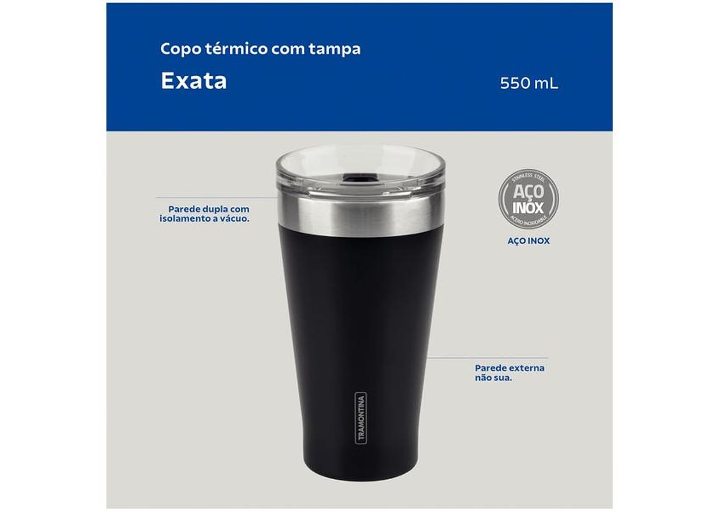 Copo Térmico Parede Dupla com Tampa Tramontina Exata 61646505 Preto 550ml