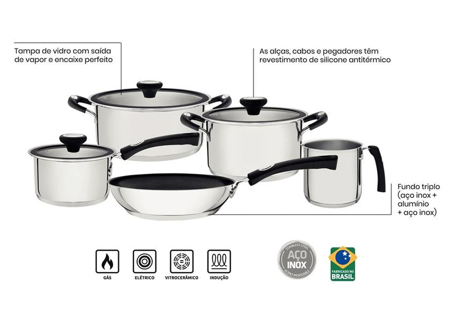 Jogo de Panelas Tramontina de Inox e Preto Prata 5 peças Solar