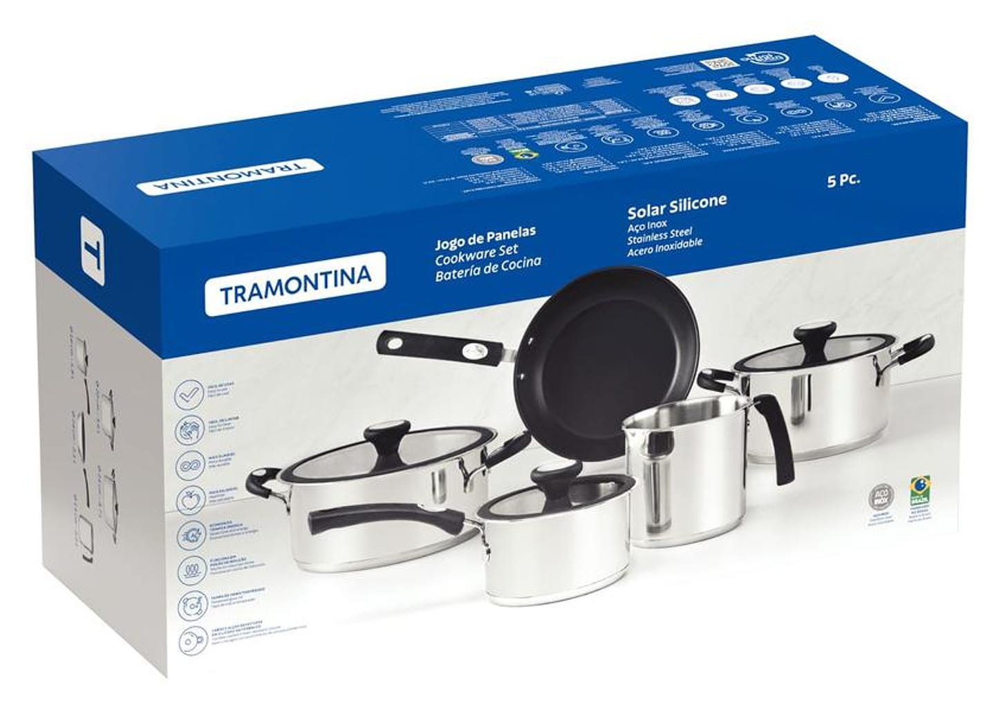 Jogo de Panelas Tramontina de Inox e Preto Prata 5 peças Solar