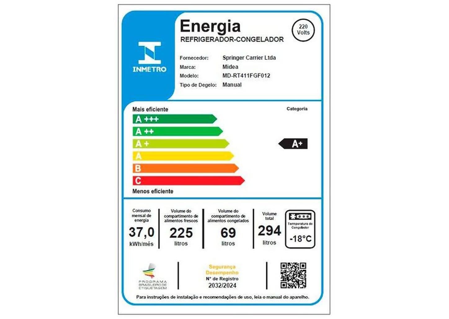 Geladeira/Refrigerador Midea Cycle Defrost Manual Duplex Branco 294L MD-RT411