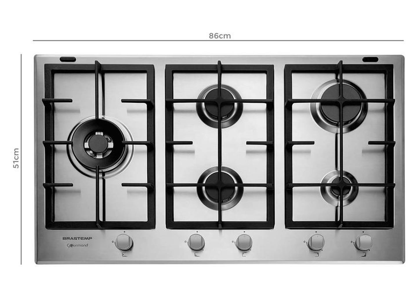 Cooktop 5 Bocas a Gás Natural GLP Brastemp Inox Dupla Chama Acendimento Automático com Trempes de Ferro Fundido Gourmand BDK90