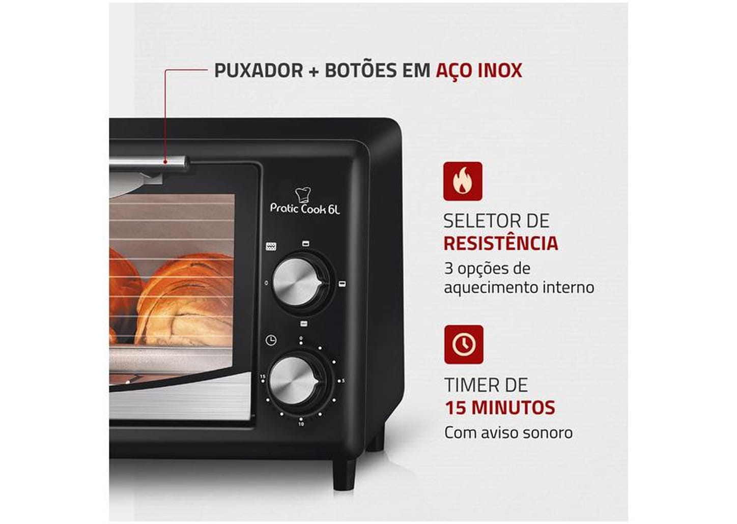 Forno Elétrico de Bancada Mondial com Timer 6L Preto Pratic Cook FR-09