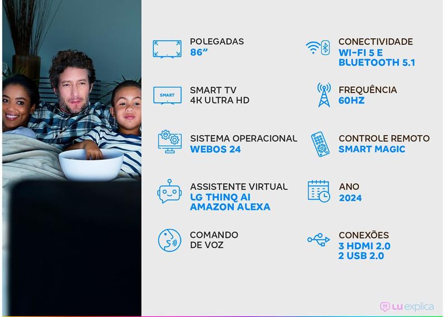 Smart TV 86" 4K LCD LG 86UT8050PSA AI Processor Wi-Fi 5 Bluetooth 3 HDMI 2 USB