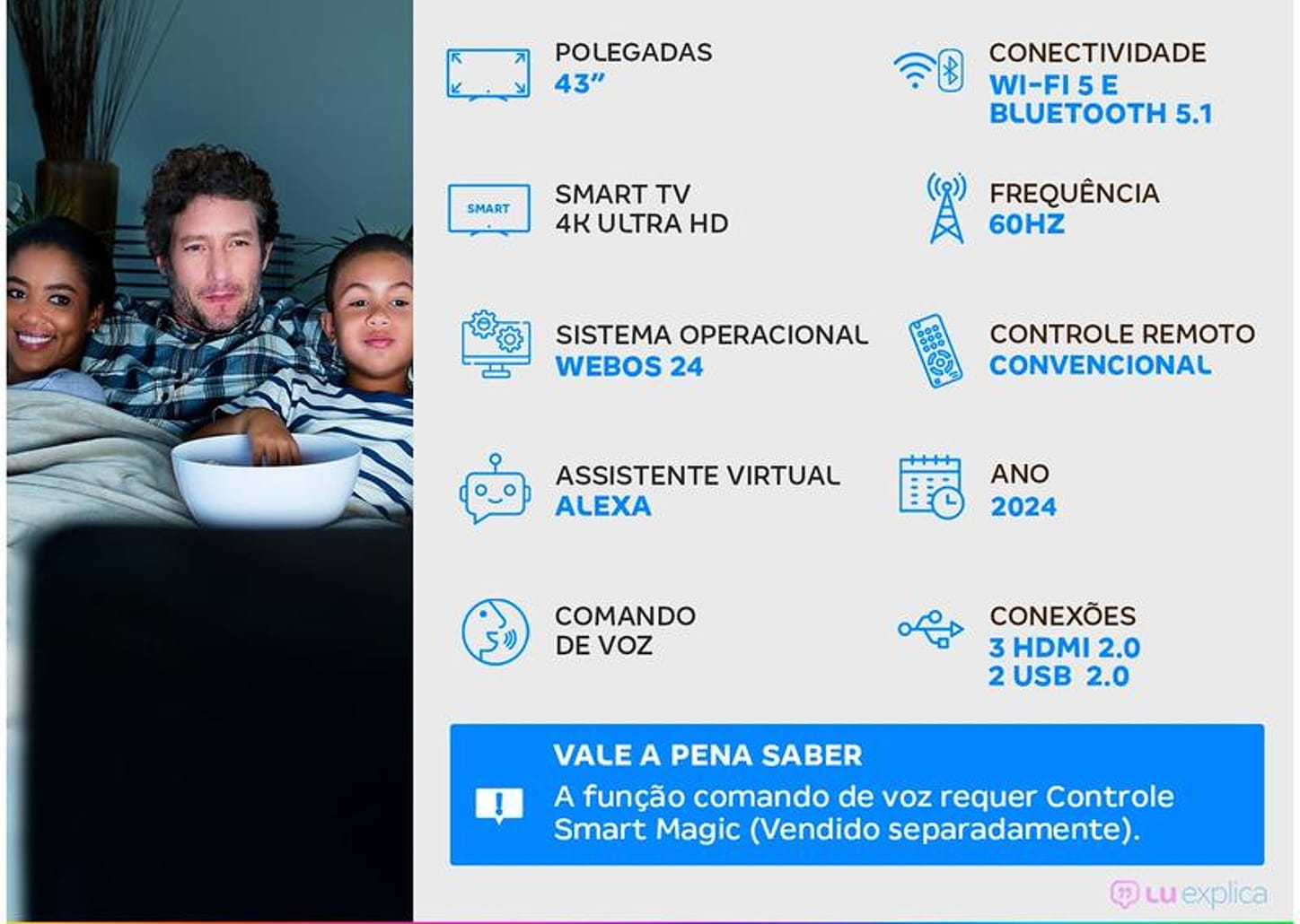 Smart TV 43" 4K LCD LG 43UT8000PSA AI Processor Wi-Fi Bluetooth 3 HDMI 2 USB