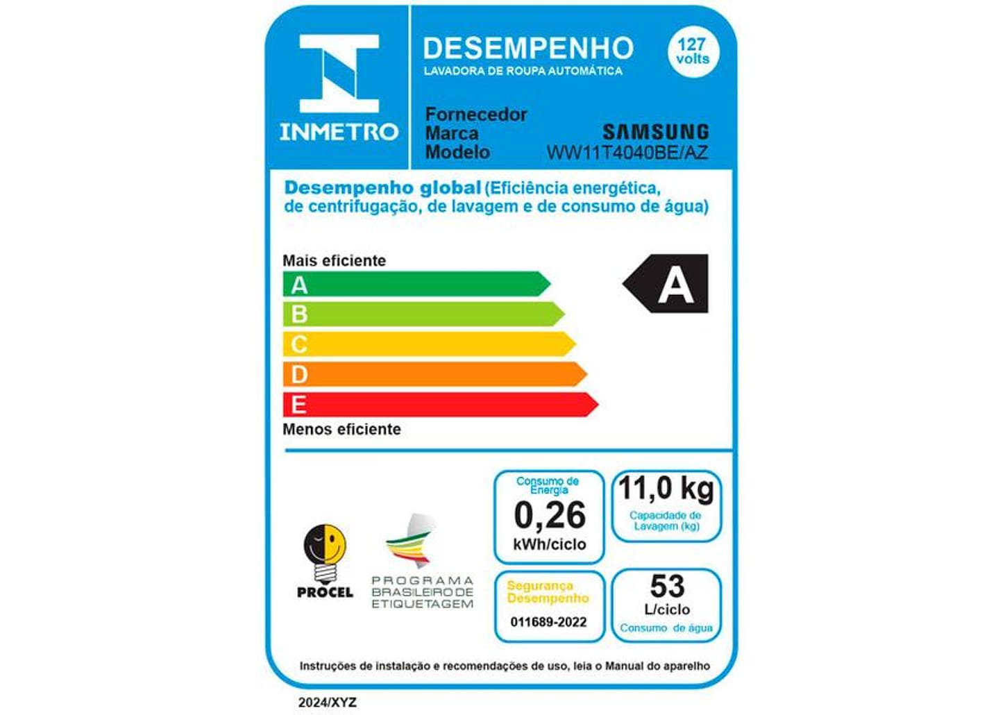 Lavadora de Roupas Samsung Inverter 11kg Inox 12 Programas de Lavagem Branca WW11T WW11T4040BE/AZ