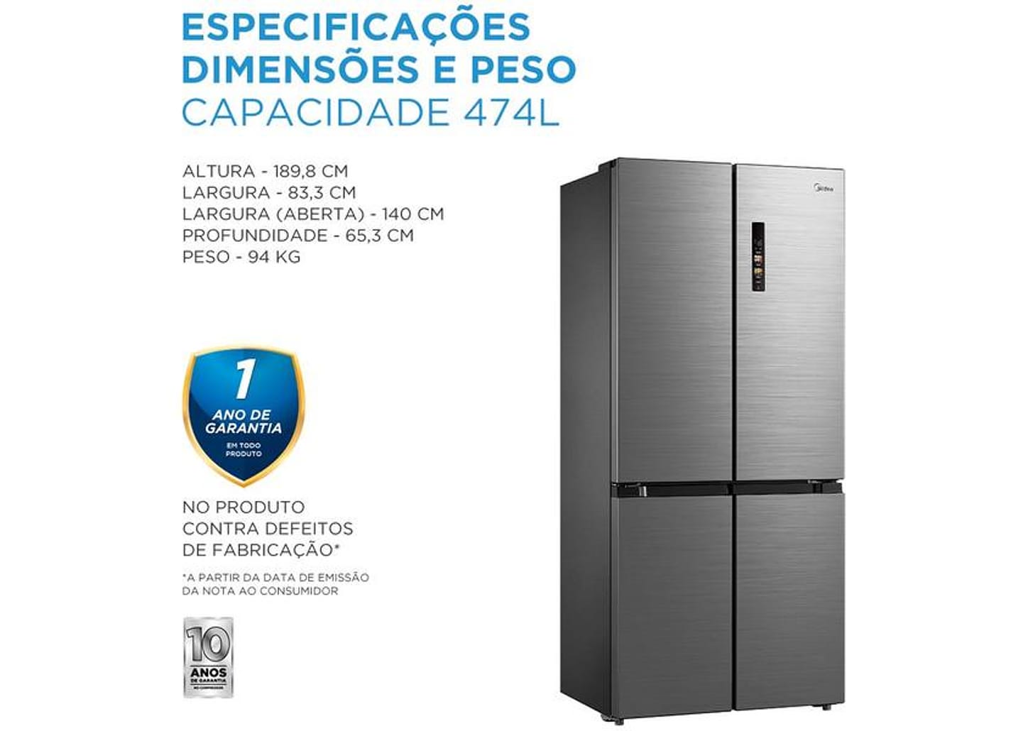 Geladeira/Refrigerador Midea Smart Frost Free French Door Prata 474L MD-RF691FGD463 Bivolt