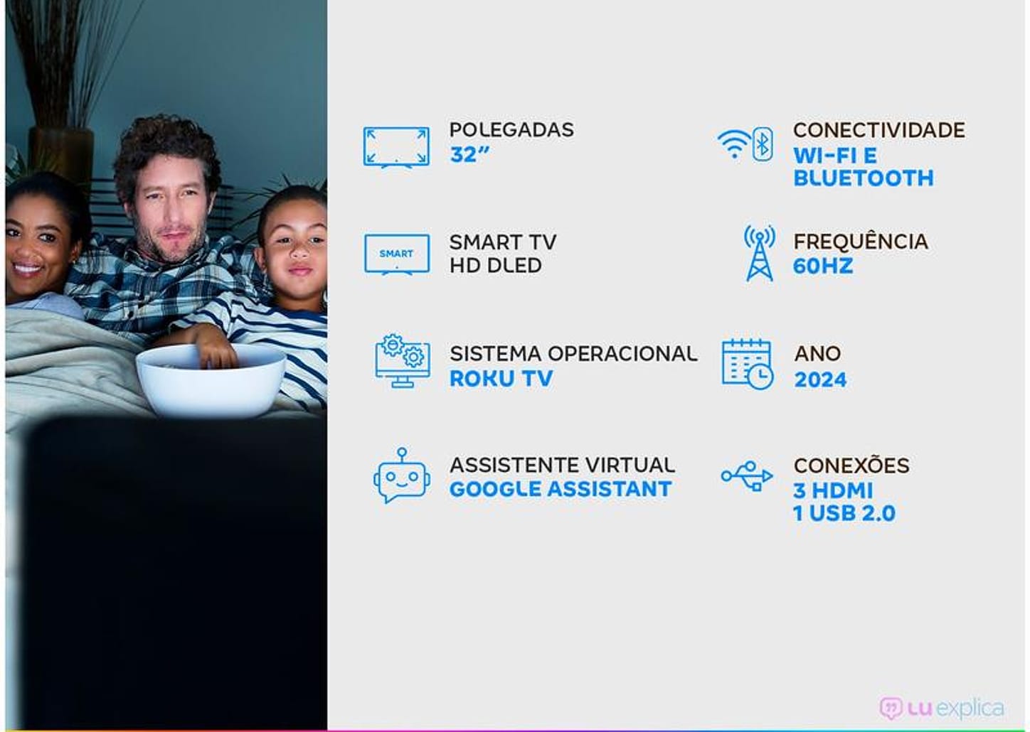 Smart TV 32" HD DLED AOC Série 5045 32S5045/78G Wi-Fi Bluetooth Google Assistente 3 HDMI 1 USB