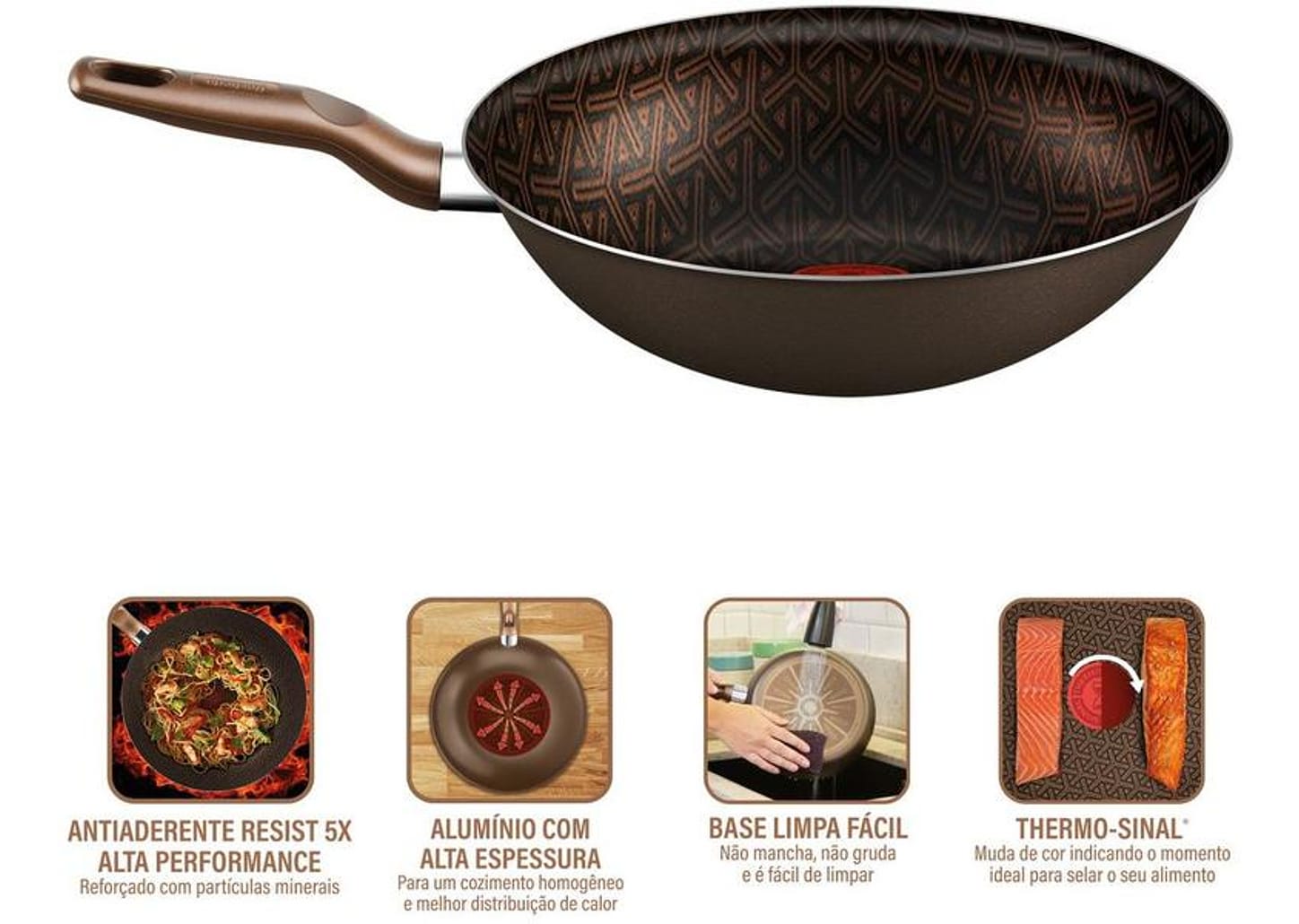 Panela Wok Antiaderente Rochedo de Alumínio Expert Chocolate 24cm