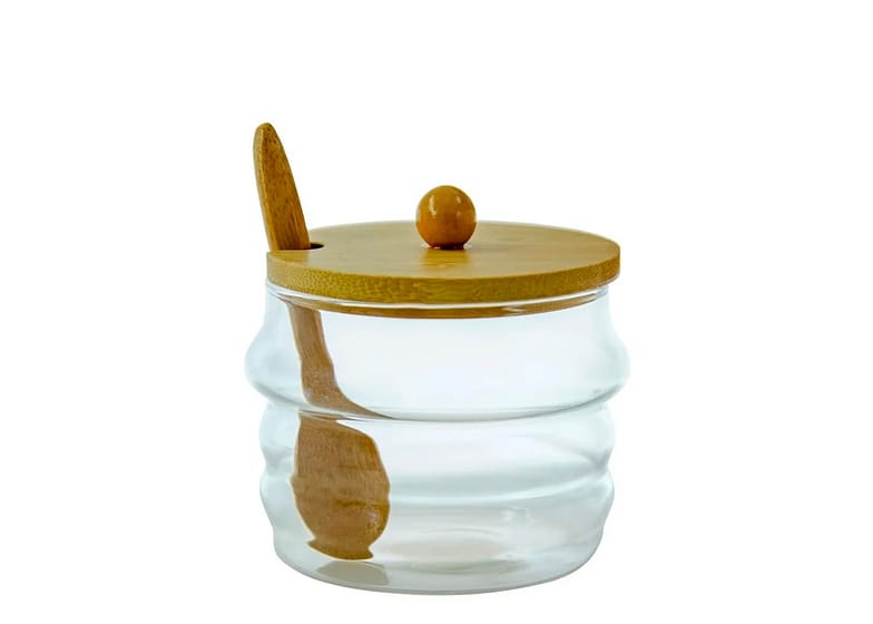 Açucareiro De Vidro Borossilicato Com Colher E Tampa De Bambu 200ml