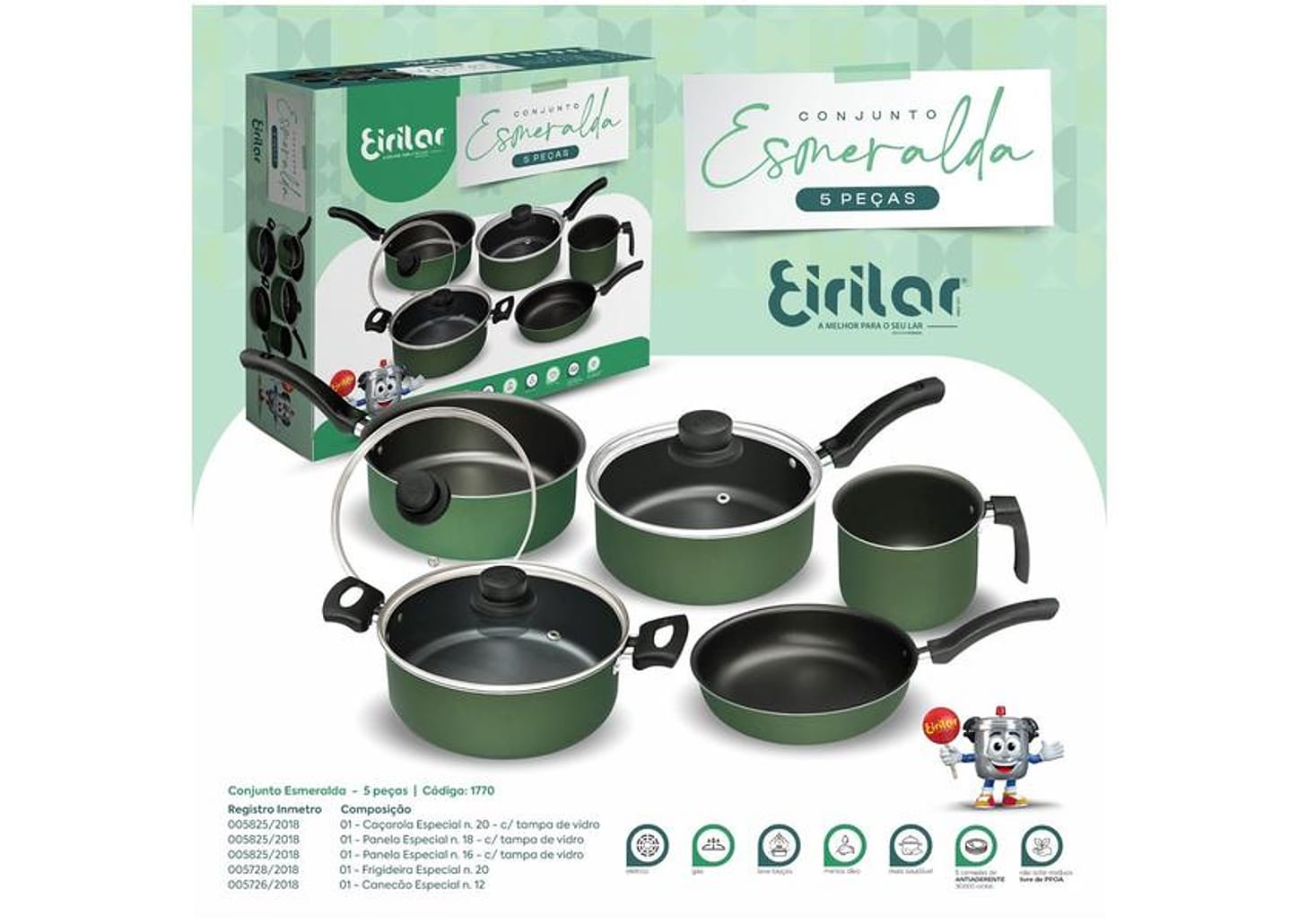 Jogo de Panelas Eirilar de Alumínio Verde 5 Peças Esmeralda