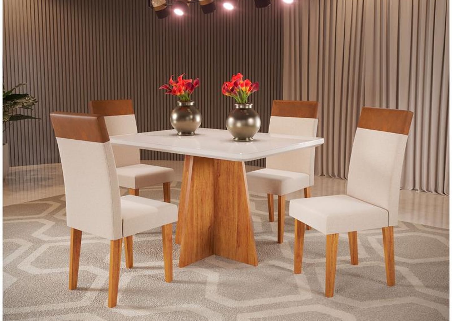 Mesa de Jantar 4 Cadeiras Retangular Mel e Off White Viena