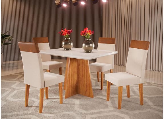 Mesa de Jantar 4 Cadeiras Retangular Mel e Off White Viena