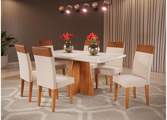 Mesa de Jantar 6 Cadeiras Retangular Mel e Off White Viena