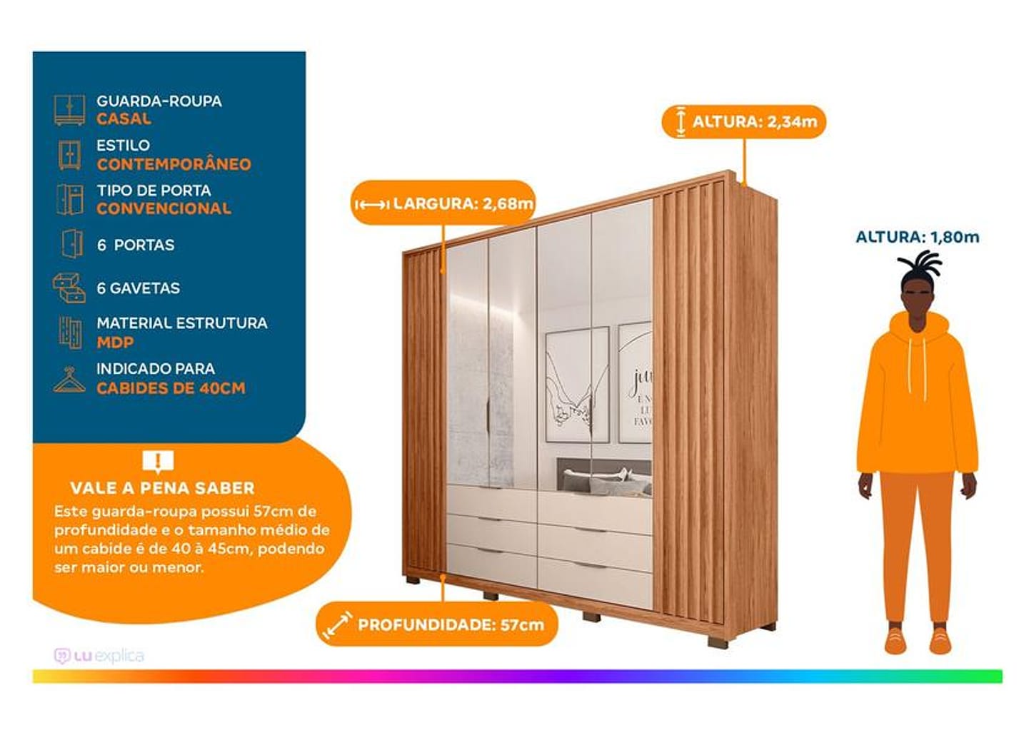 Guarda-roupa Casal com Espelho 6 Gavetas 6 Portas Caemmun Maximus