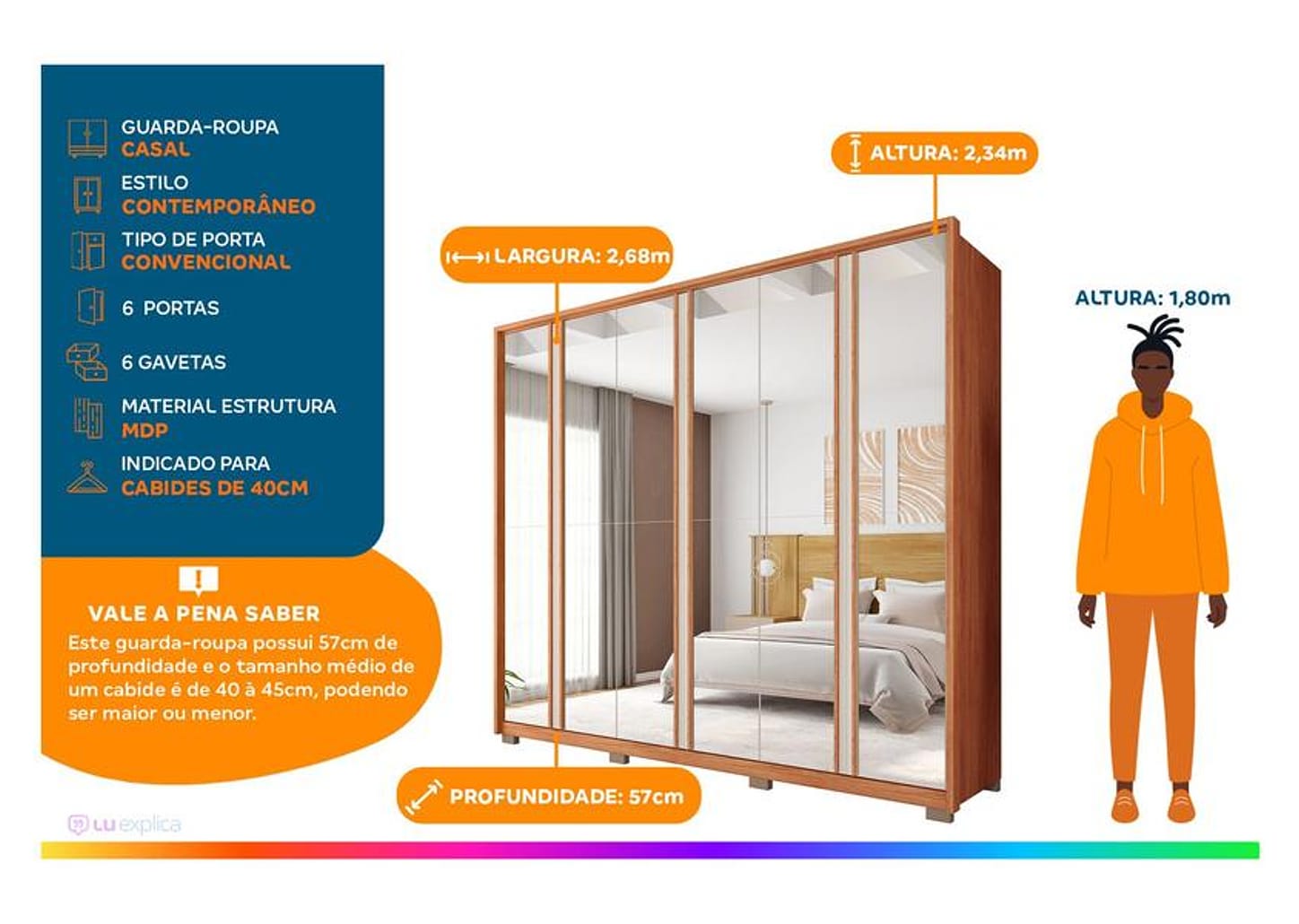 Guarda-roupa Casal com Espelho 6 Gavetas 6 Portas Caemmun Gladiador