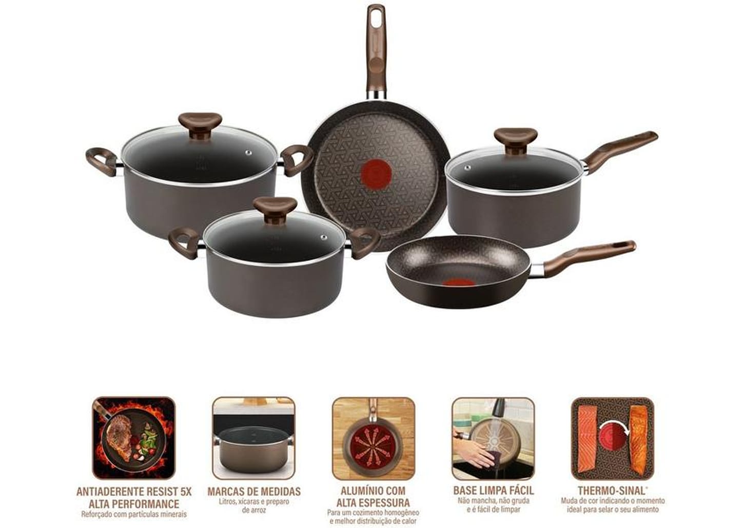 Jogo de Panelas Rochedo Antiaderente de Alumínio Chocolate 5 Peças Expert