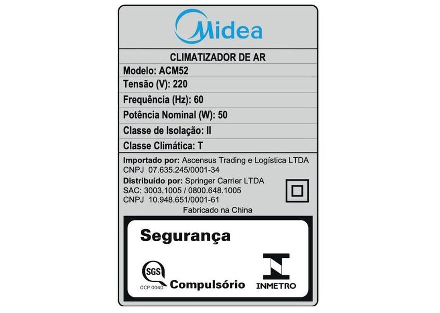 Climatizador de Ar Midea Frio Umidificador 3 Velocidades 5L ACM52