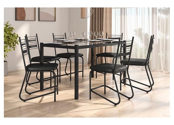 Mesa de Jantar 6 Cadeiras Retangular Preto Fosco Tampo de Vidro Artefamol Valência