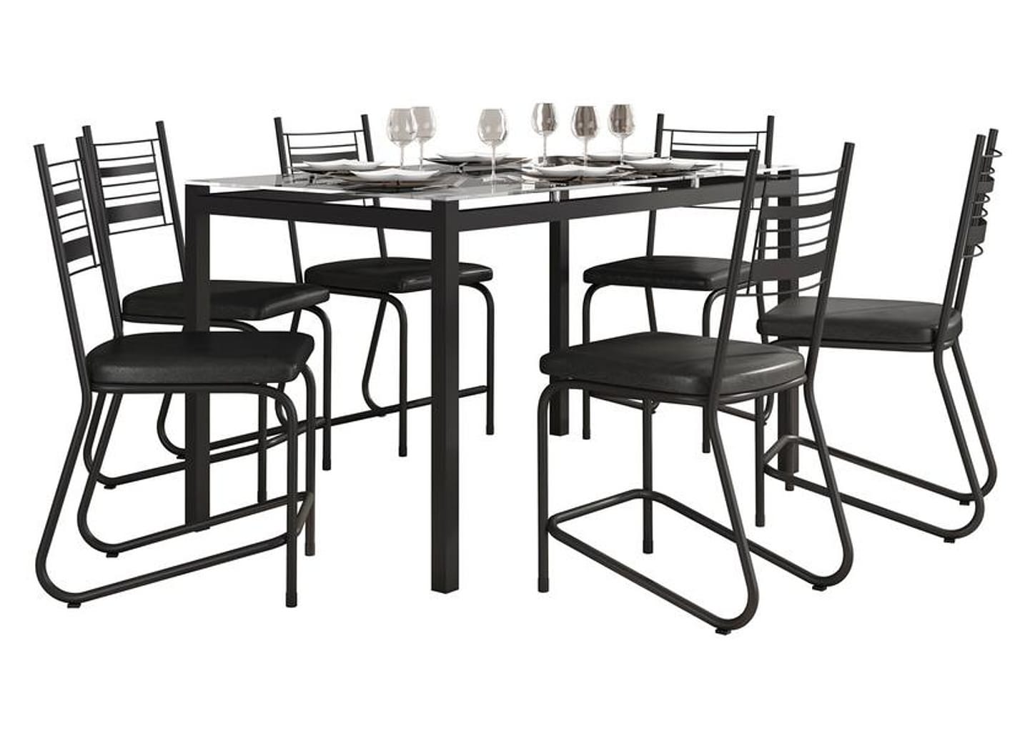Mesa de Jantar 6 Cadeiras Retangular Preto Fosco Tampo de Vidro Artefamol Valência