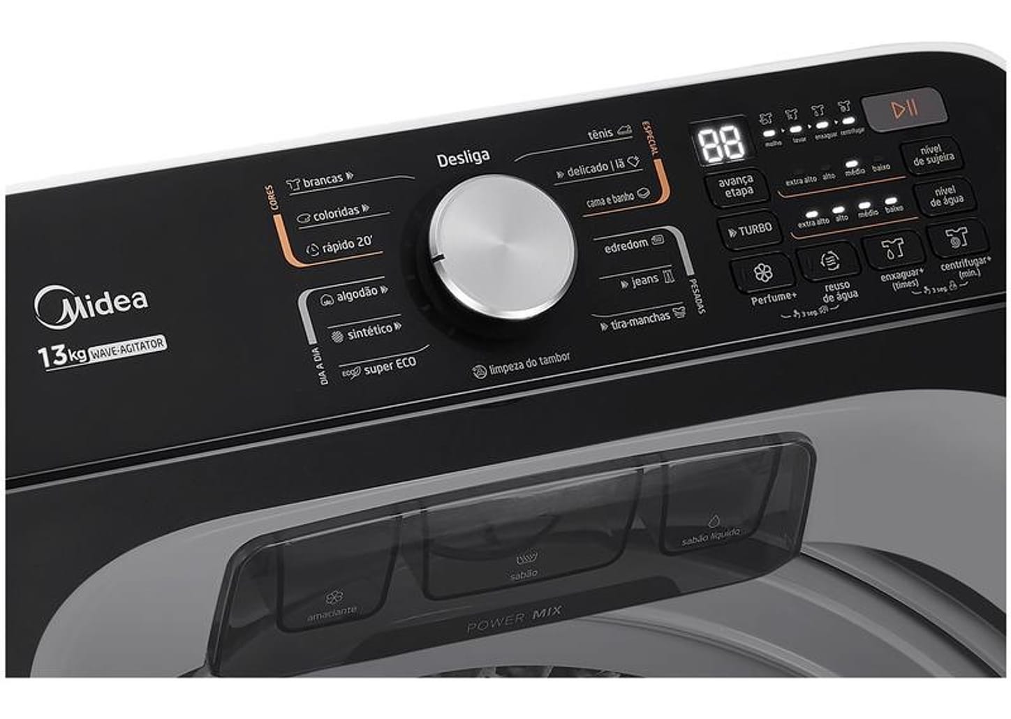 Lavadora de Roupas Midea 13kg Cesto Inox 13 Programas de Lavagem Branca Wave Agitator