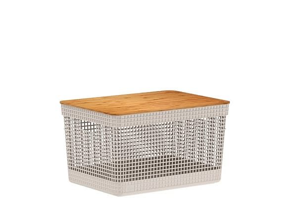 Caixa Organizadora Com Tampa De Bambu Ou Grid Bege 39x29x22cm