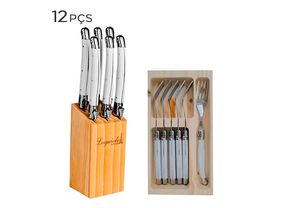Conjunto Cepo De Facas E Garfo De Aço Inox Laguiole Branco 12pçs