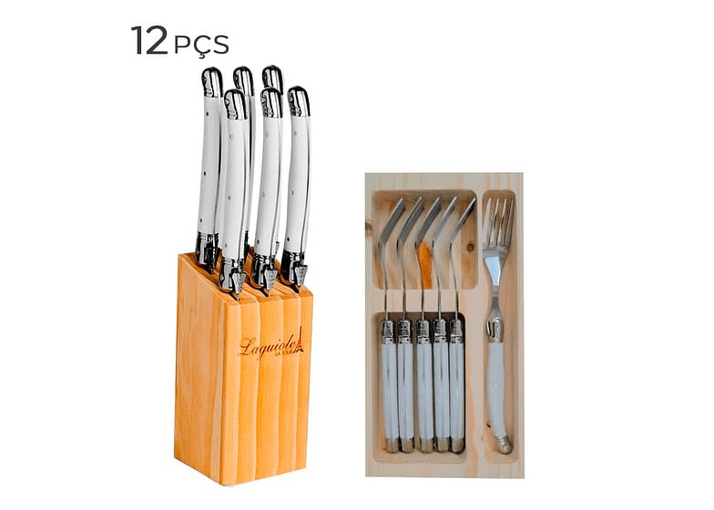 Conjunto Cepo De Facas E Garfo De Aço Inox Laguiole Branco 12pçs