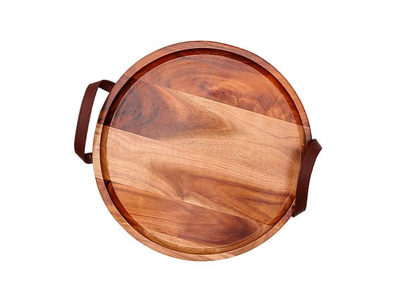 Bandeja De Madeira Com Alça De Couro James.f 38cm